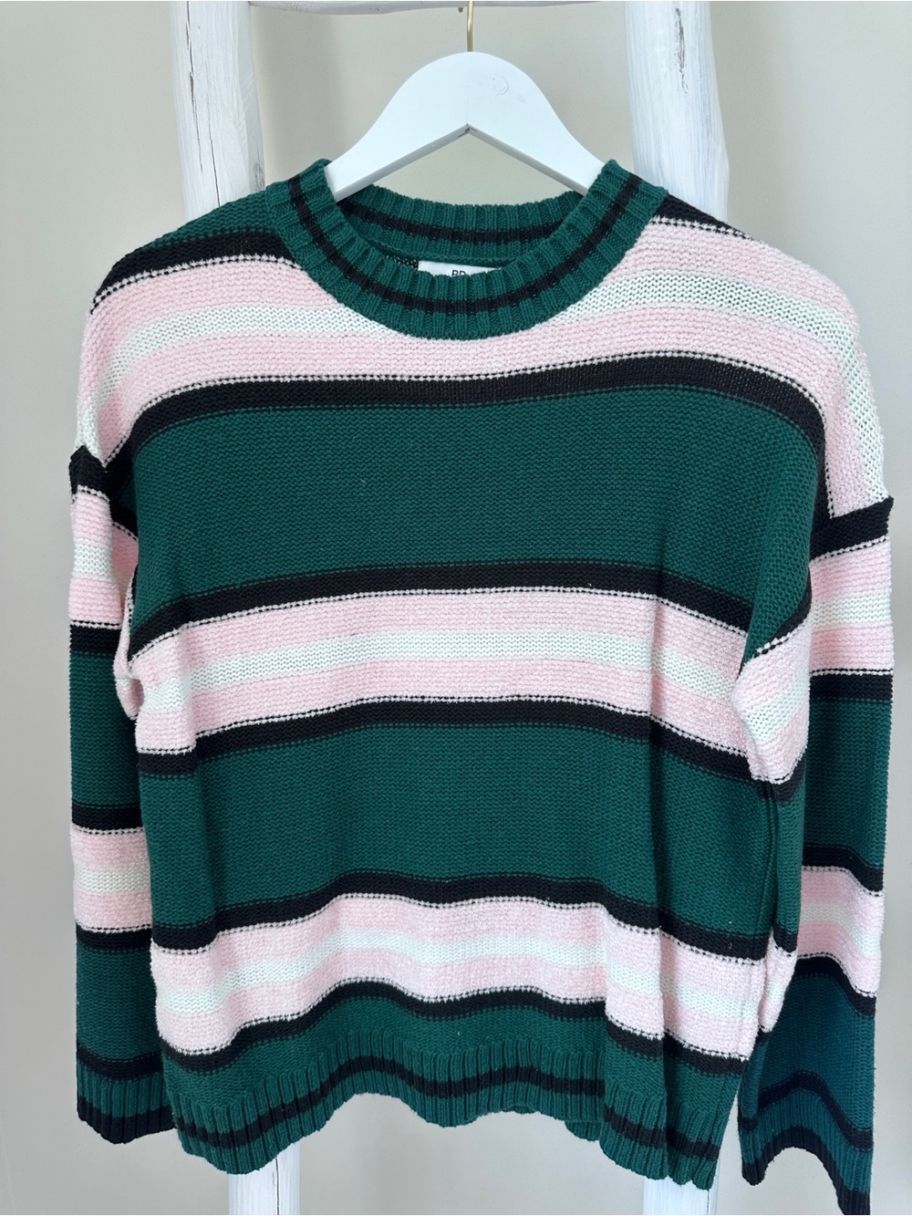 bp Nordstrom Green and Pink Striped Crewneck Sweater